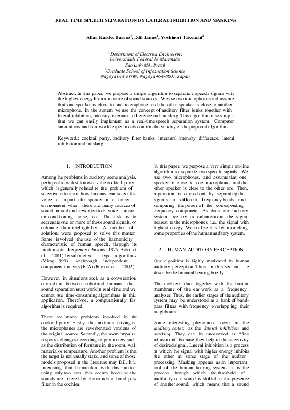 (PDF) Real Time Speech Separation by Lateral Inhibition and Masking