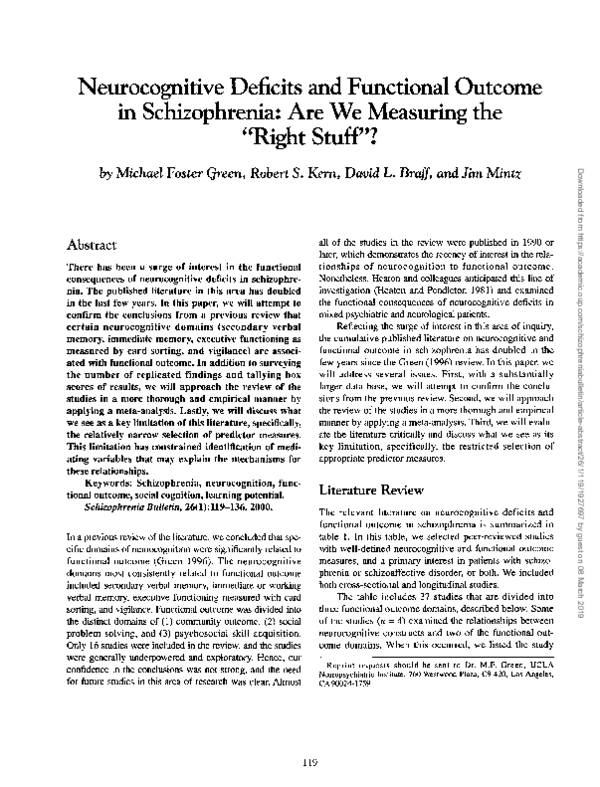 (PDF) Neurocognitive Deficits and Functional Outcome in Schizophrenia ...