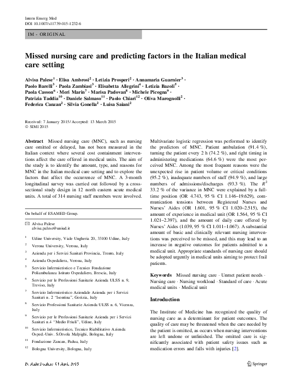 (PDF) Missed nursing care and predicting factors in the Italian medical ...