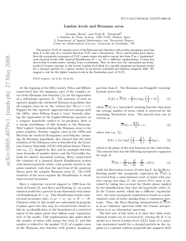 (PDF) Landau Levels and Riemann Zeros