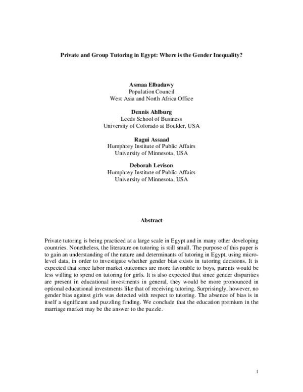 (PDF) Private and Group Tutoring In Egypt: Where is the Gender Inequality