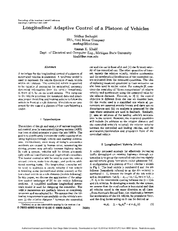 (PDF) Longitudinal adaptive control of a platoon of vehicles