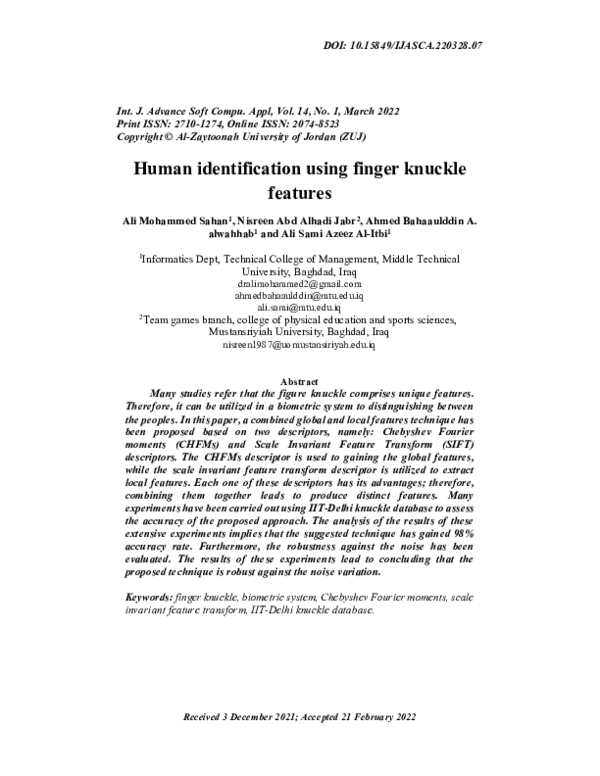 (PDF) Human identification using finger knuckle features