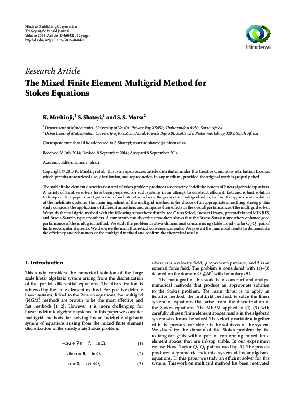 (PDF) The Mixed Finite Element Multigrid Method for Stokes Equations