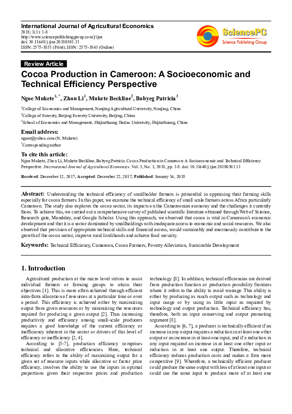 (PDF) Cocoa Production in Cameroon A Socioeconomic and Technical