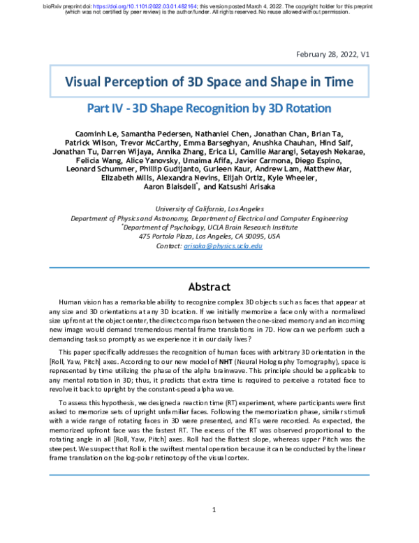 (PDF) Visual Perception of 3D Space and Shape In Time - Part IV: 3D ...