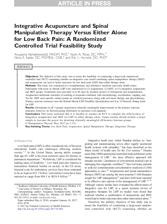 (PDF) Integrative Acupuncture and Spinal Manipulative Therapy Versus
