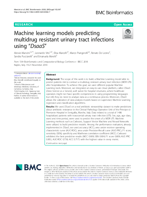 (PDF) Machine learning models predicting multidrug resistant urinary