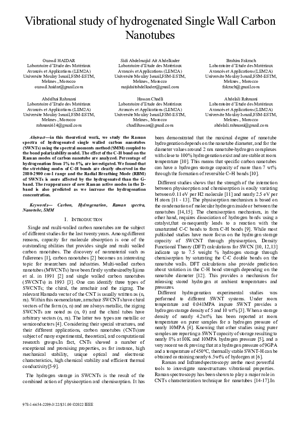 (PDF) Vibrational study of hydrogenated Single Wall Carbon Nanotubes