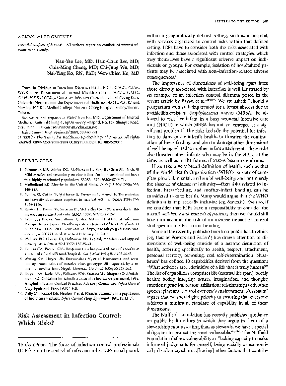 (PDF) Risk Assessment in Infection Control: Which Risks?