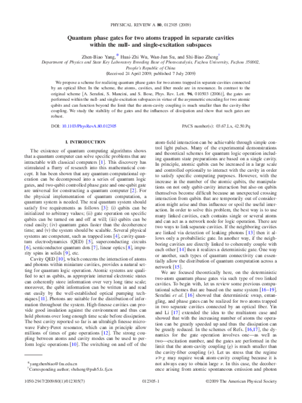 (PDF) Quantum phase gates for two atoms trapped in separate cavities ...