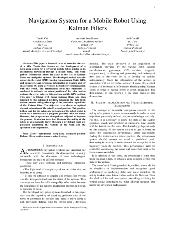 (PDF) Navigation System for a Mobile Robot Using Kalman Filters