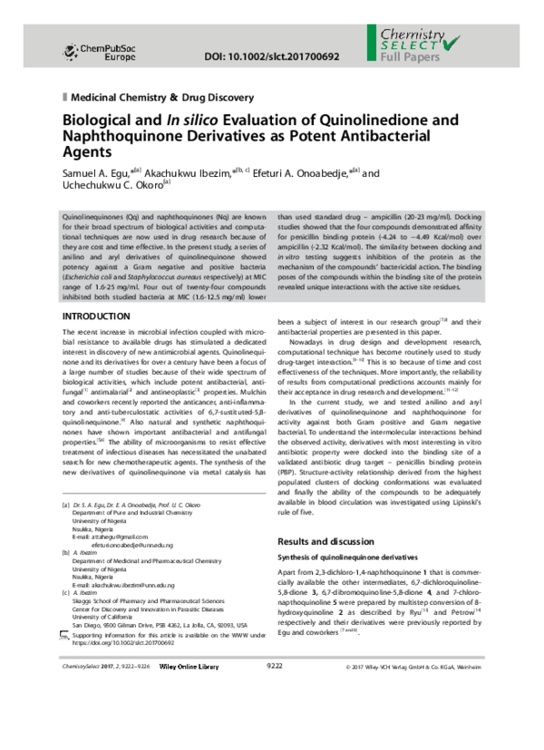 (PDF) Biological and In silico Evaluation of Quinolinedione and ...