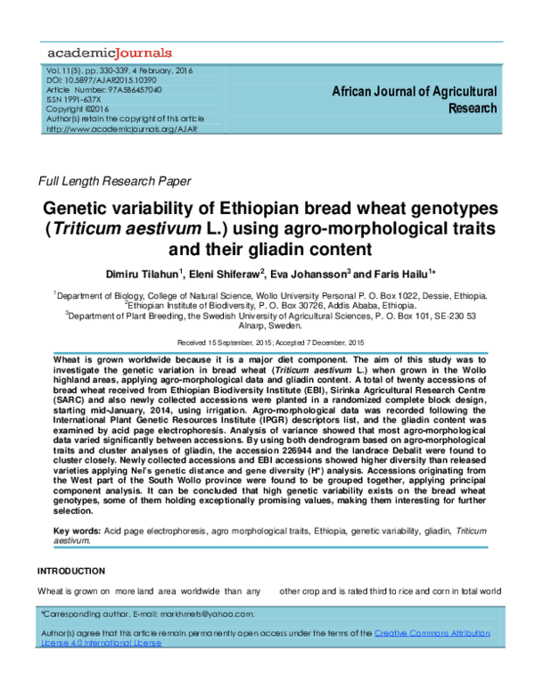(PDF) Genetic variability of Ethiopian bread wheat genotypes (Triticum ...
