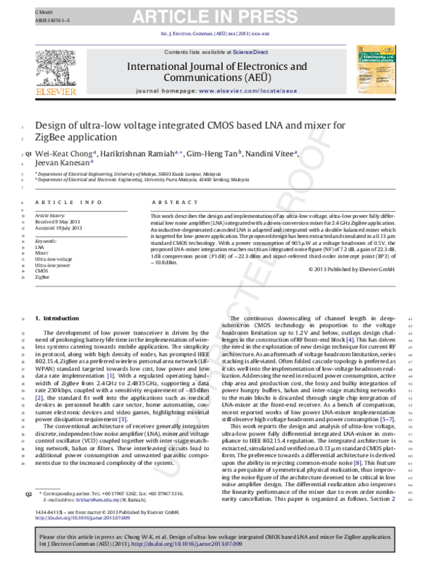 (PDF) Design of ultra-low voltage integrated CMOS based LNA and mixer ...