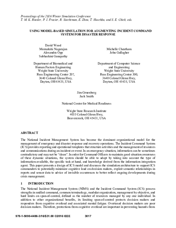  PDF Using Model based Simulation For Augmenting Incident Command System For Disaster Response 