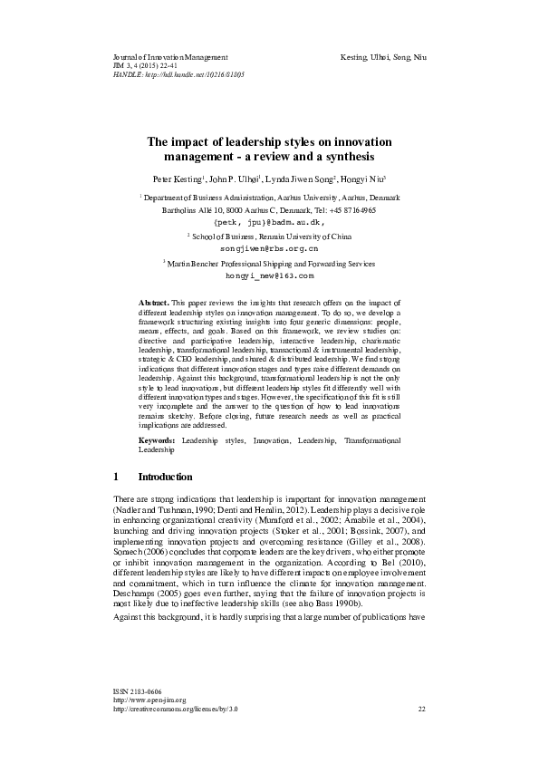(PDF) The impact of leadership styles on innovation - a review