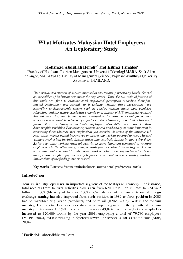 (PDF) What Motivates Malaysian Hotel Employees : An Exploratory Study