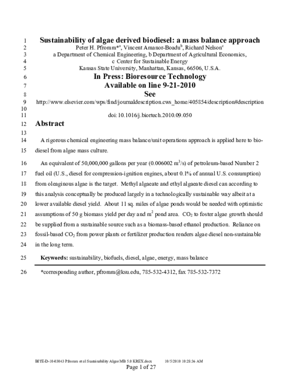 (PDF) Sustainability of algae derived biodiesel: A mass balance approach