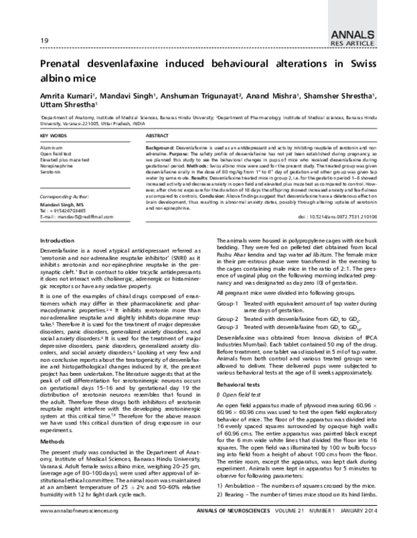 Picture of (PDF) Prenatal desvenlafaxine induced behavioural alterations in Swiss ...