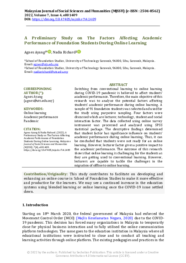 (PDF) A Preliminary Study on The Factors Affecting Academic Performance ...