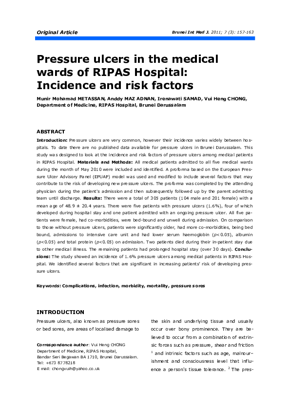 (PDF) Pressure ulcers in the medical wards of RIPAS Hospital: Incidence ...