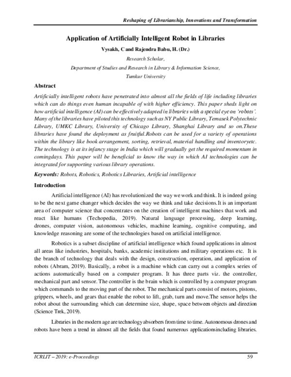 (PDF) Application of Artificially Intelligent Robot in Libraries