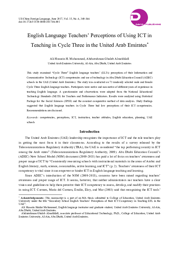 (PDF) English Language Teachers’ Perceptions of Using ICT in Teaching ...