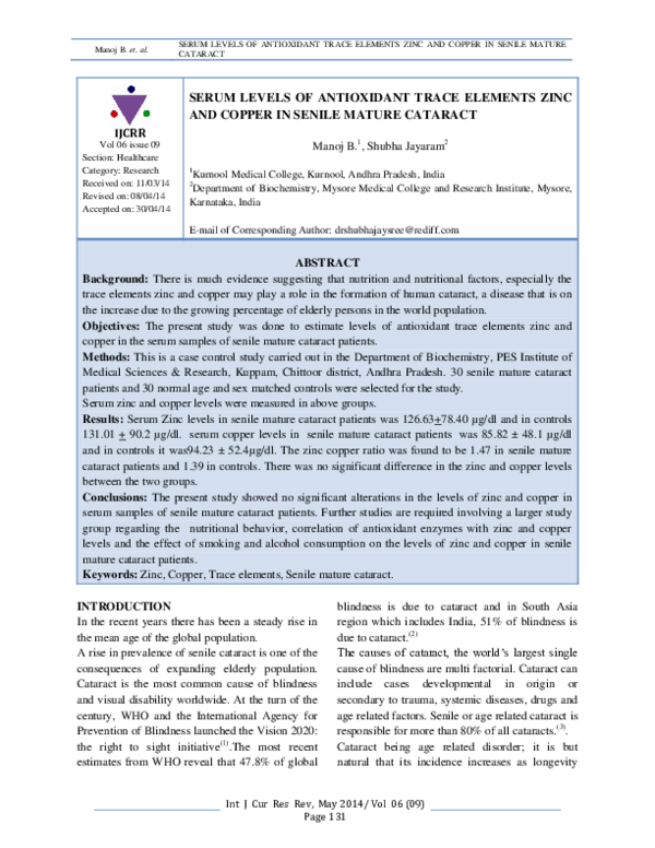 (PDF) Serum Levels of Antioxidant Trace Elements Zinc and Copper in