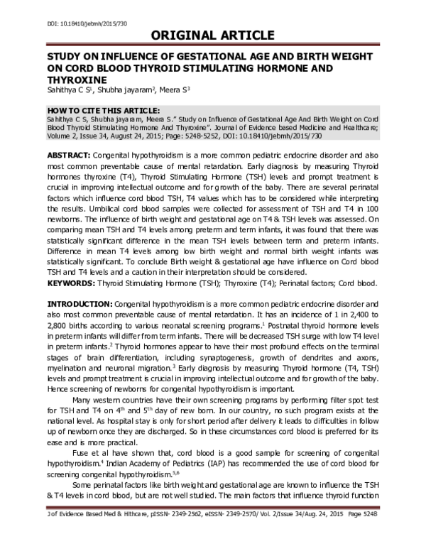 (PDF) Study on Influence of Gestational Age and Birth Weight on Cord ...