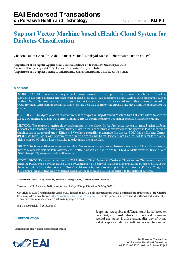(PDF) Support Vector Machine based eHealth Cloud System for Diabetes ...