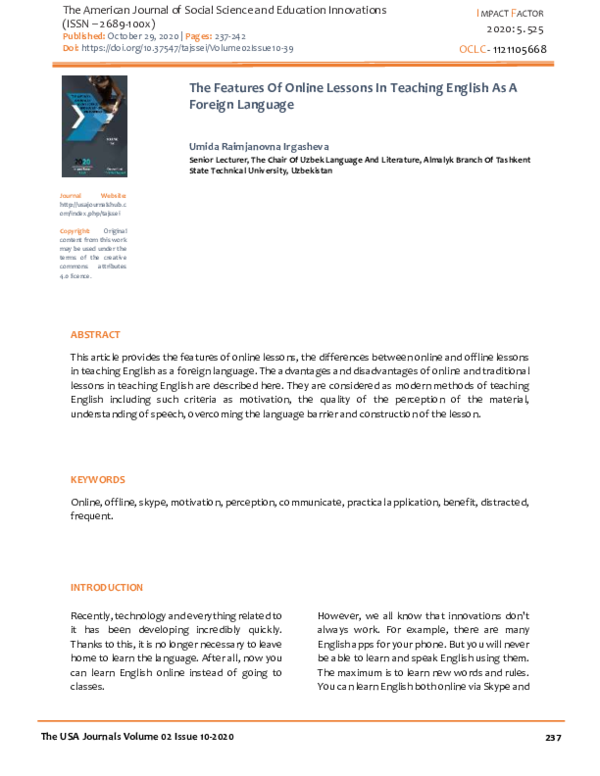 (PDF) The Features Of Online Lessons In Teaching English As A Foreign ...