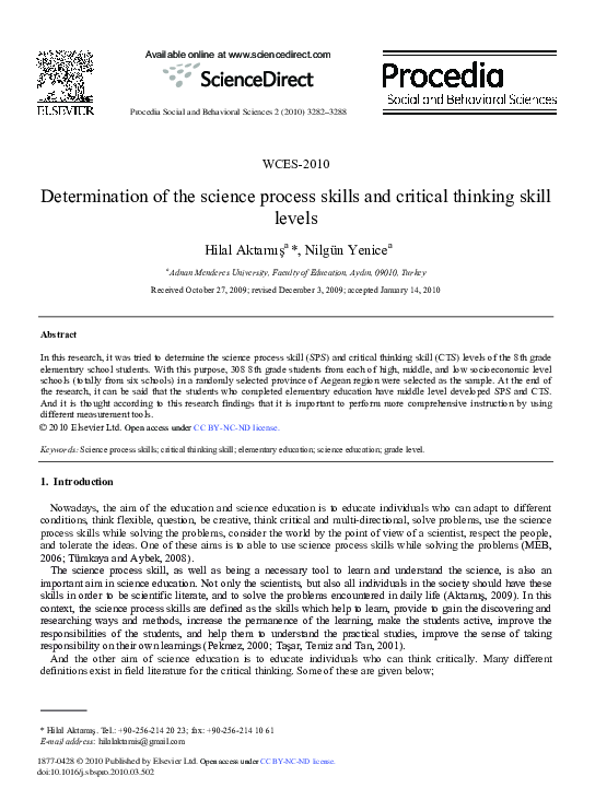 (PDF) Determination of the science process skills and critical thinking ...