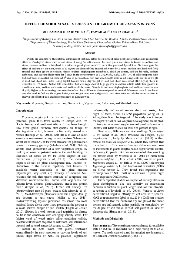 (PDF) Effect of sodium salt stress on the growth of Elymus repens