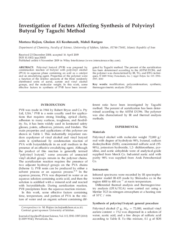 (PDF) Investigation of factors affecting synthesis of polyvinyl butyral