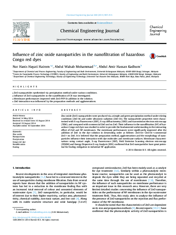 (PDF) Influence of zinc oxide nanoparticles in the nanofiltration of ...
