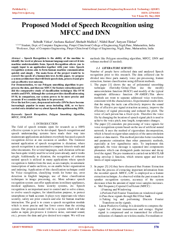 (PDF) Proposed Model of Speech Recognition using MFCC and DNN