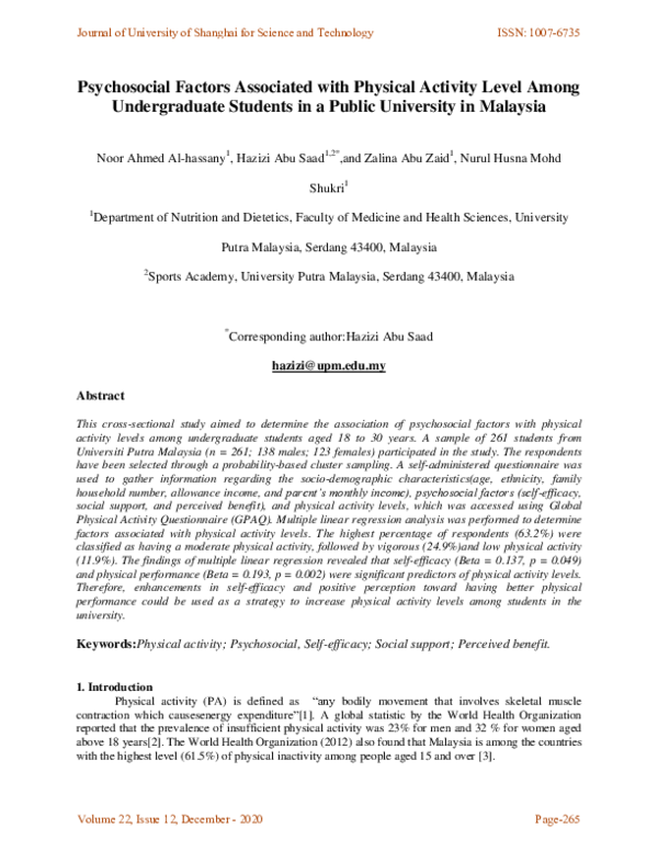 (PDF) Psychosocial Factors Associated with Physical Activity Level ...
