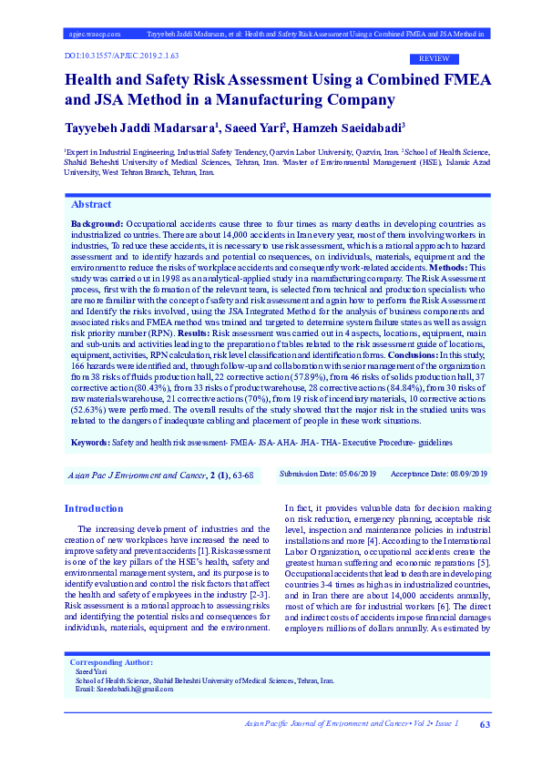 (PDF) Health and Safety Risk Assessment Using a Combined FMEA and JSA ...
