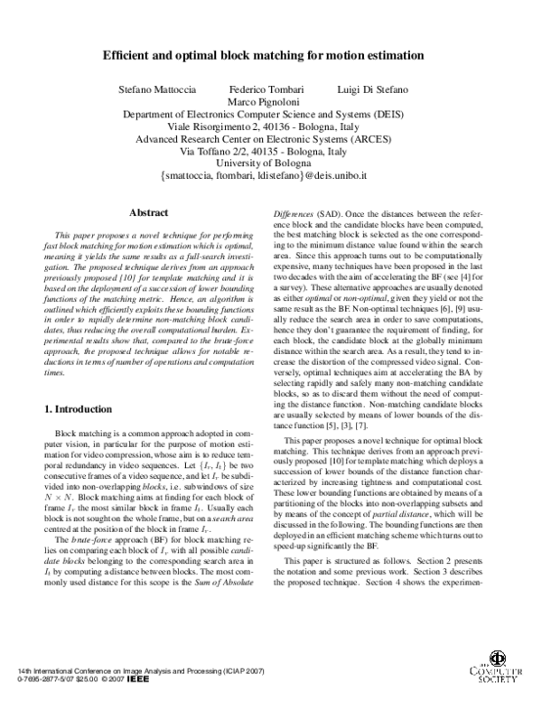 (PDF) Efficient and optimal block matching for motion estimation