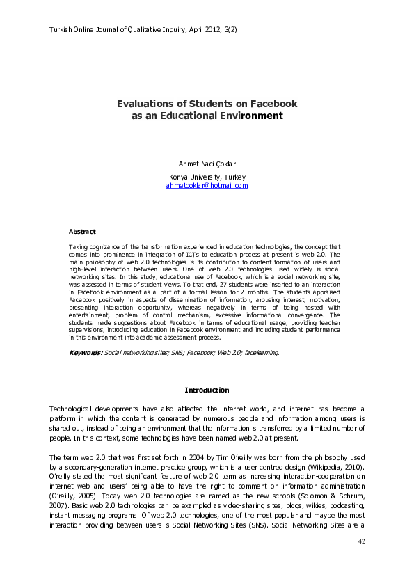 (PDF) Evaluations of Students on Facebook as an Educational Environment