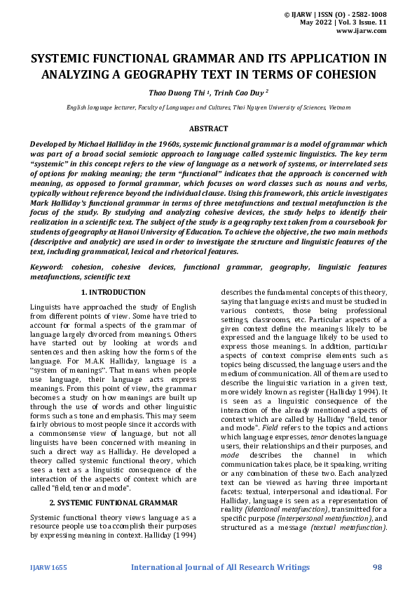 (PDF) SYSTEMIC FUNCTIONAL GRAMMAR AND ITS APPLICATION IN ANALYZING A ...