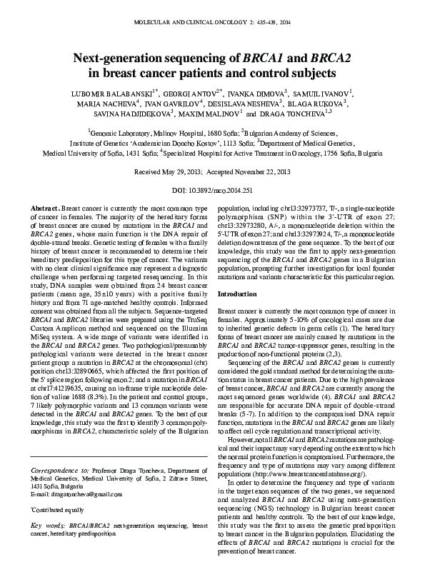 (PDF) Next‑generation sequencing of BRCA1 and BRCA2 in breast cancer ...