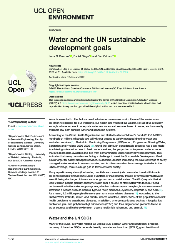 (PDF) Water and the UN sustainable development goals