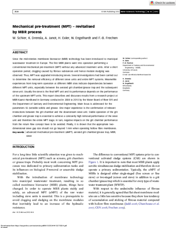 (PDF) Mechanical pre-treatment (MPT) - revitalised by MBR process