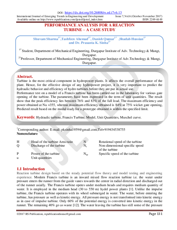 (PDF) Performance Analysis for a Reaction Turbine – a Case Study