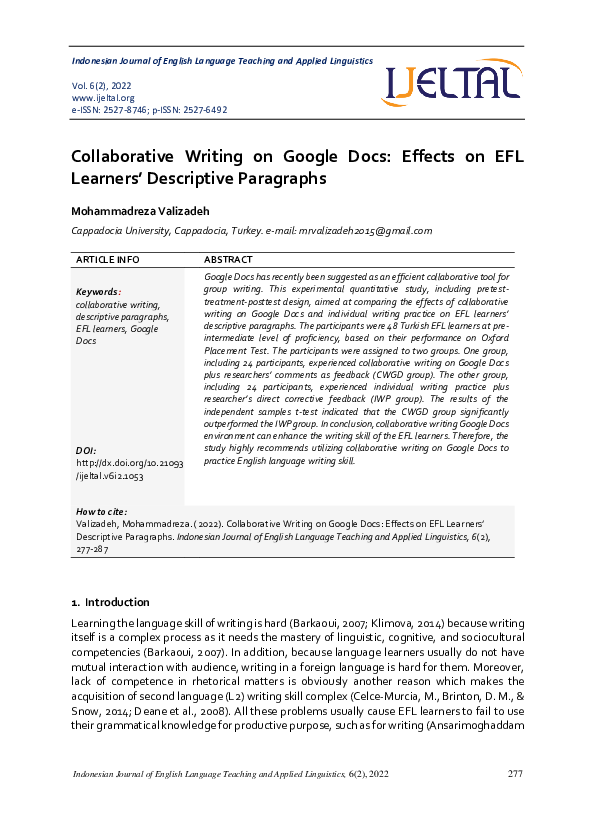 (PDF) Collaborative Writing on Google Docs: Effects on EFL Learners ...