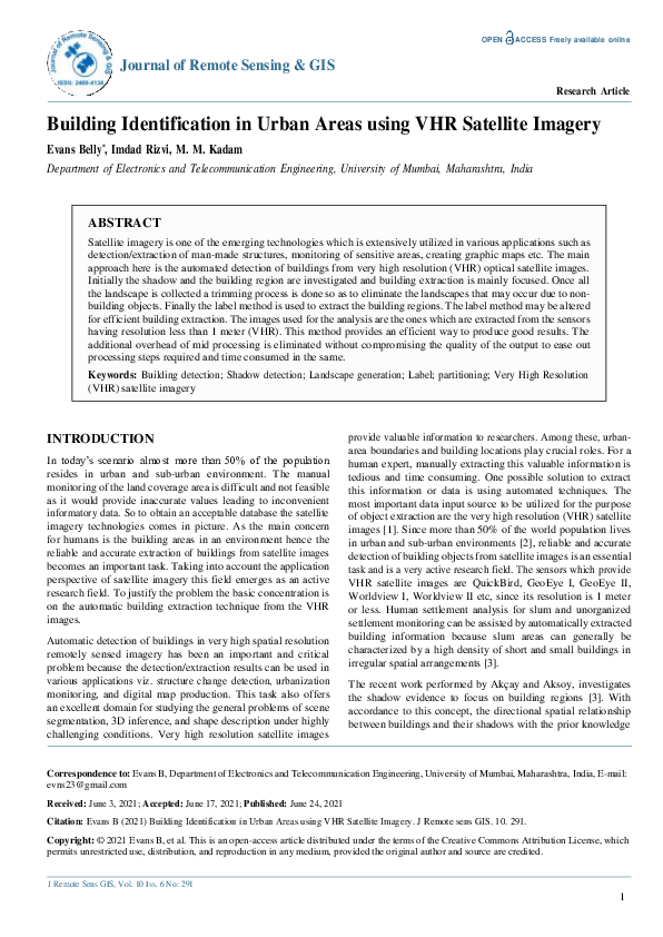 (PDF) Building Identification in Urban Areas using VHR Satellite Imagery