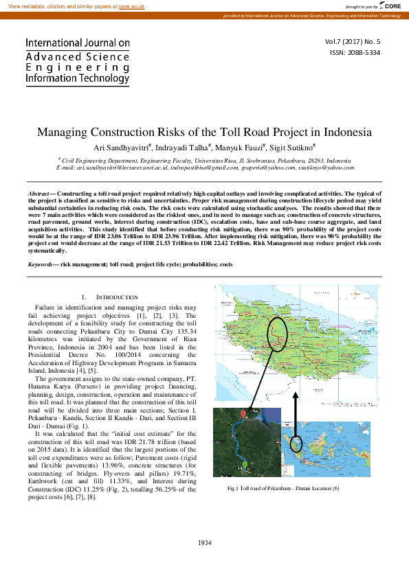 (PDF) Managing Construction Risks of the Toll Road Project in Indonesia