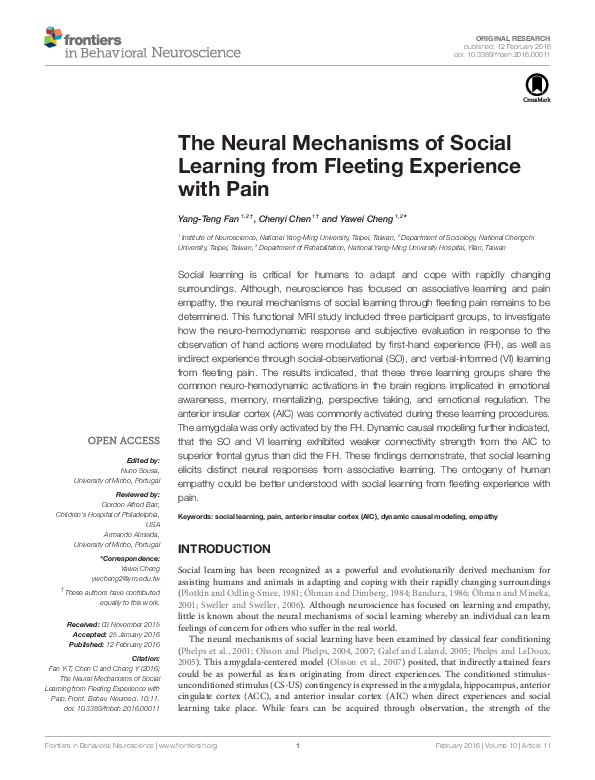 (PDF) The Neural Mechanisms of Social Learning from Fleeting Experience ...
